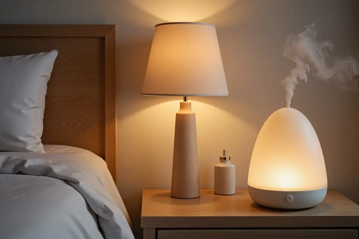 Difusor de vapor en la mesita de noche para regular la humedad en el dormitorio