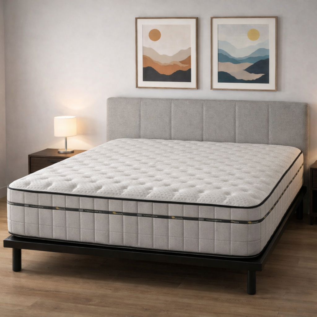 Colchón de muelles ensacados sobre somier con patas