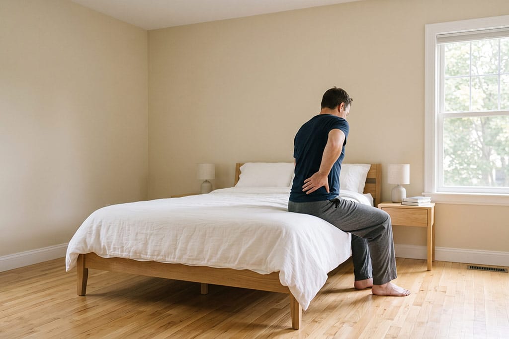 Hombre sentado en la cama con aparente dolor de espalda.